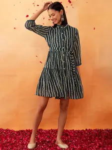Rang by Indya Batik Print Striped Shirt-Collar Dresses