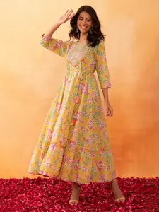 Rang by Indya Floral Printed Embroidered Pure Cotton A-Line Ethnic Dress