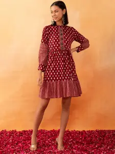 Rang by Indya Batik-Printed Pure-Cotton Fit & Flared Dress