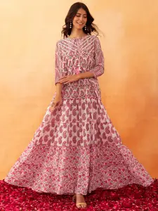 Rang by Indya Floral Printed Embroidered Cotton Tiered Dresses