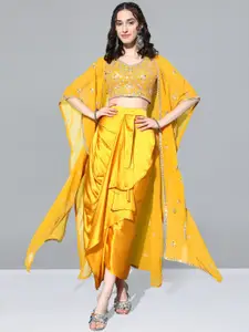 Kvsfab Yellow Embroidered Top & Skirt Co-Ords With Kaftan Shrug