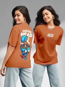 Bewakoof Brown & Blue Typography Printed Drop-Shoulder Sleeves Cotton Oversized T-shirt