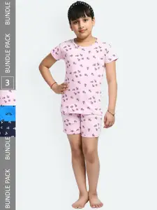 IndiWeaves Girls Pack Of 3 Conversational Printed Pure Cotton Night Suit