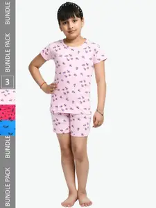 IndiWeaves Girls Pack Of 3 Conversational Printed Pure Cotton Night Suit