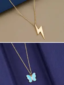 Silver Shine Set Of 2 Gold-Plated Butterfly & Zig Zag Flash Pendant Chains