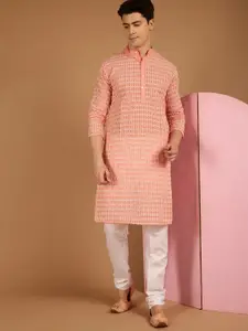 SOJANYA Ethnic Motif Embroidered Band Collar Pure Cotton Kurta