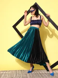 Antheaa Colourblocked Accordion Pleated Satin Midi Skirt