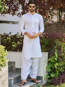 See Designs Mandarin Collar Floral Embroidered Chikankari Pure Cotton Kurta