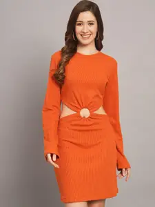 Funday Fashion Cotton Solid Round Neck Long Sleeve Sheath Dress