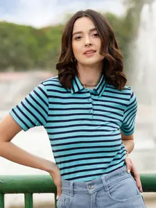 STREET 9 Turquoise Blue Striped Polo Collar Pure Cotton T-shirt
