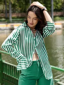 STREET 9 Green & White Comfort Opaque Striped Longline Casual Shirt