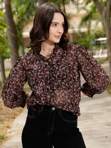 STREET 9 Brown Comfort Floral Printed Ruffle Casual Shirt