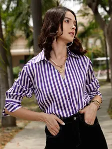 STREET 9 Purple & White Comfort Opaque Striped Longline Casual Shirt