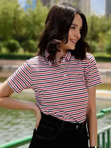 STREET 9 Red Striped Polo Collar Pure Cotton T-shirt