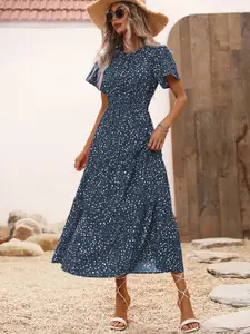 StyleCast Navy Blue Polka Dots Printed Fit & Flare Midi Dress