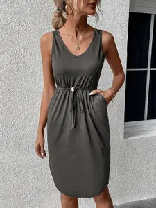 StyleCast Grey Solid Drawstring Belted A-Line Dress