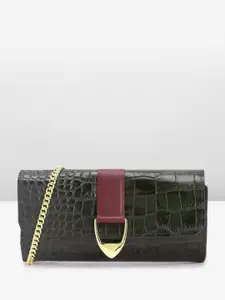 Hidesign Women Crocodile Textured Buckle Detail Leather Envelope Wallet With Sling Strap