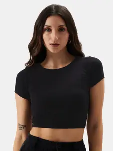 The Souled Store Black Round Neck Cotton Crop Fitted Top