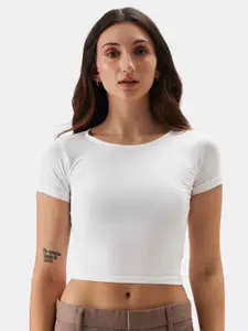 The Souled Store White Round Neck Crop Top