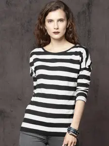 Roadster Black & Off-White Striped Pure Cotton Top