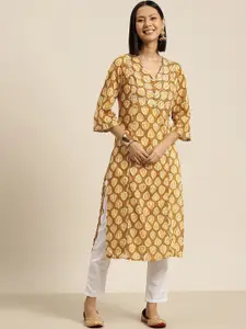 HERE&NOW Cotton Floral Printed V-Neck Straight Kurta