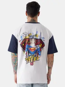 The Souled Store White & Navy Blue Superman Printed Oversized Pure Cotton T-shirt