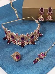 Zaveri Pearls Gold-Plated Stone-Studded & Jewellery Set With Maangtika & Ring