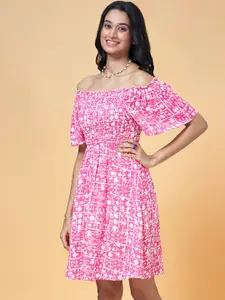 People Pink Conversational Printed Off-Shoulder Fit & Flare Dress