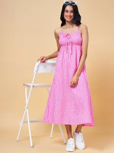 People Pink Checked Tie-Up Empire Midi Dress