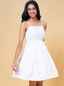 People Off White Self Design Shoulder Strap Schiffli Fit & Flare Dress
