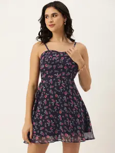 ROVING MODE Floral Print Georgette Fit & Flare Mini Dress