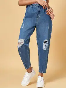 People Women Blue Mid-Rise Mildly Distressed Light Fade Clean Look Jeans