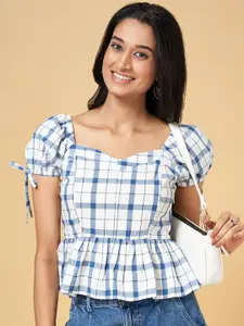 People Blue & White Checked Sweetheart Neck Puff Sleeve Peplum Top