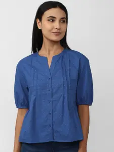 Van Heusen Woman Polka Dot Printed Puff Sleeves Cotton Shirt Style Top