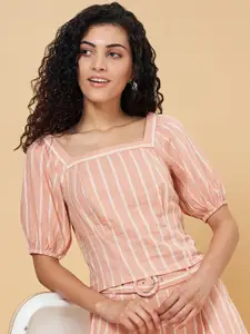 Honey by Pantaloons Striped Square Neck Puff Sleeves Top