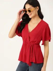 DressBerry Flared Sleeve Crepe Wrap Top