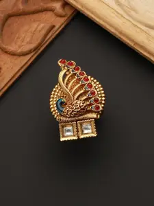 Priyaasi Gold-Plated & Stone-Studded Peacock Shaped Meenakari Adjustable Finger Ring