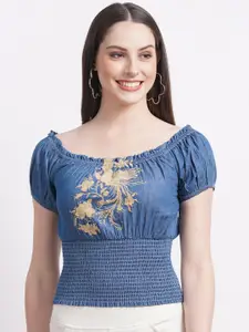 SUMAVI-FASHION Floral Embroidered Off Shoulder Puff Sleeves Smocking Bardot Crop Top