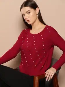 Chemistry Checked Detail Pearl Embellished Acrylic Pullover