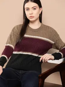 Chemistry Striped Drop-Shoulder Sleeves Open Knit Acrylic Pullover