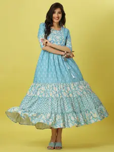 ASPORA Blue Floral Print Layered Fit & Flare Maxi Dress