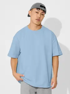 The Souled Store Blue Drop Shoulder Sleeves Oversized Pure Cotton T-shirt