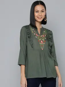 HERE&NOW Floral Embroidered Mandarin Collar Ruffles Longline Top