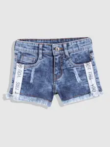 YK Girls Typography Slim Fit Frayed Denim Shorts