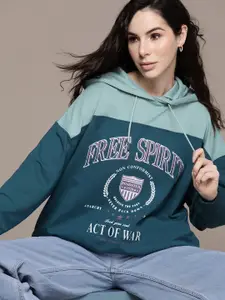 Roadster Women Colorblocked Typography Detailed Hooded Sweatshirt