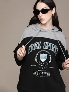 The Roadster Lifestyle Co. Printed Pure Cotton Longline Hooded Sweatshirt