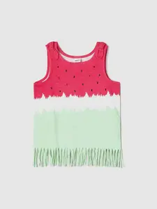 max Girls Colourblocked Sleeveless Embellished Fringed Pure Cotton T-shirt