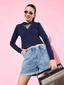 The Roadster Life Co. Solid Hooded Crop Sweatshirt With Mesh Detail