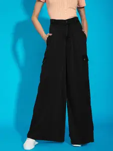 SASSAFRAS Women Black Comfort High-Rise Pure Cotton Wide Leg Jeans