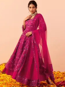INDYA X Samant Chauhan Floral Printed Sequined Fit & Flare Ethnic Dress with Dupatta